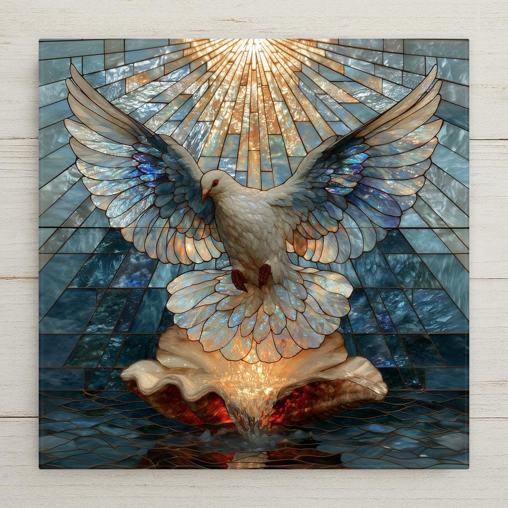 Stained glass style ceramic tile of a white dove with spread wings descending over a baptismal shell pouring water beneath golden rays in blue and silver glass