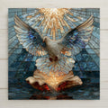 Stained glass style ceramic tile of a white dove with spread wings descending over a baptismal shell pouring water beneath golden rays in blue and silver glass