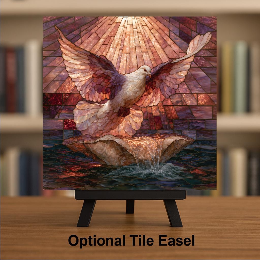 Baptism Girl Ceramic Tile Stained Glass Style White Dove Over Shell Christening Keepsake Pink and Rose Wall Art Decor