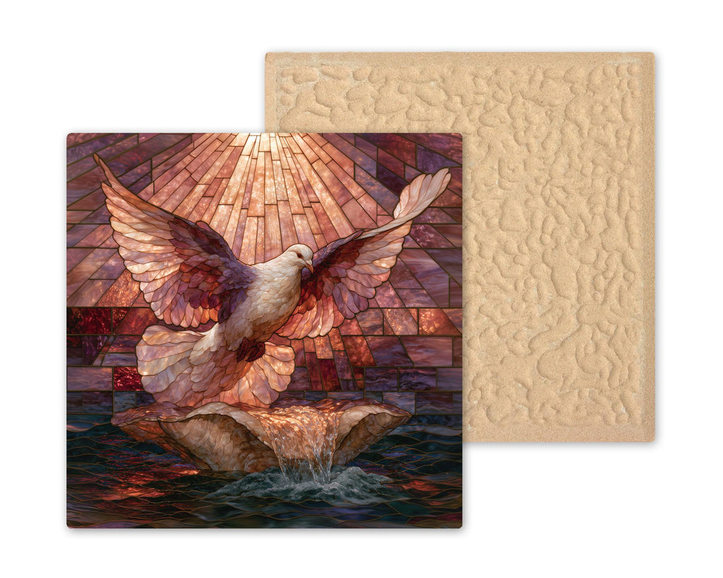 Baptism Girl Ceramic Tile Stained Glass Style White Dove Over Shell Christening Keepsake Pink and Rose Wall Art Decor