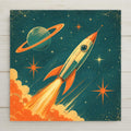 Retro atomic age illustration ceramic tile of a finned rocket ship blasting off past a ringed planet with starbursts in teal orange and cream