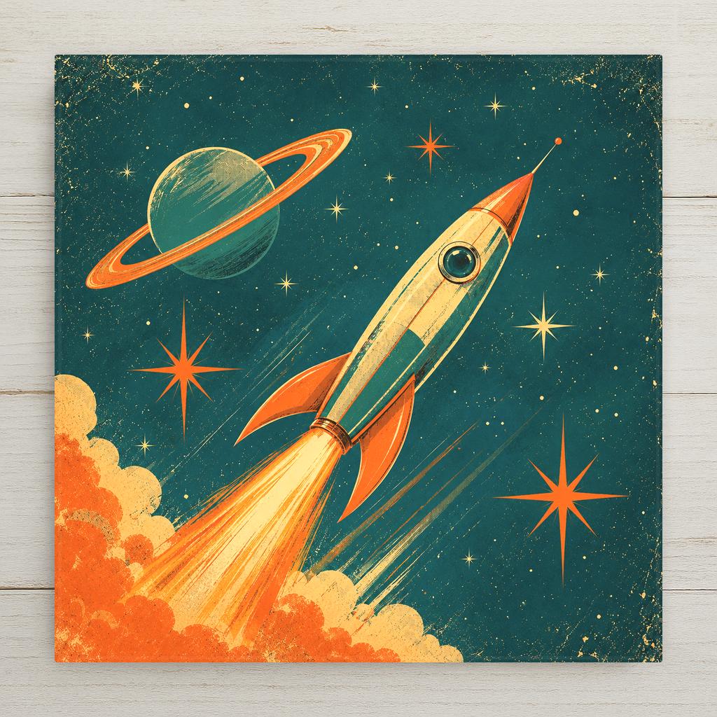 Retro atomic age illustration ceramic tile of a finned rocket ship blasting off past a ringed planet with starbursts in teal orange and cream