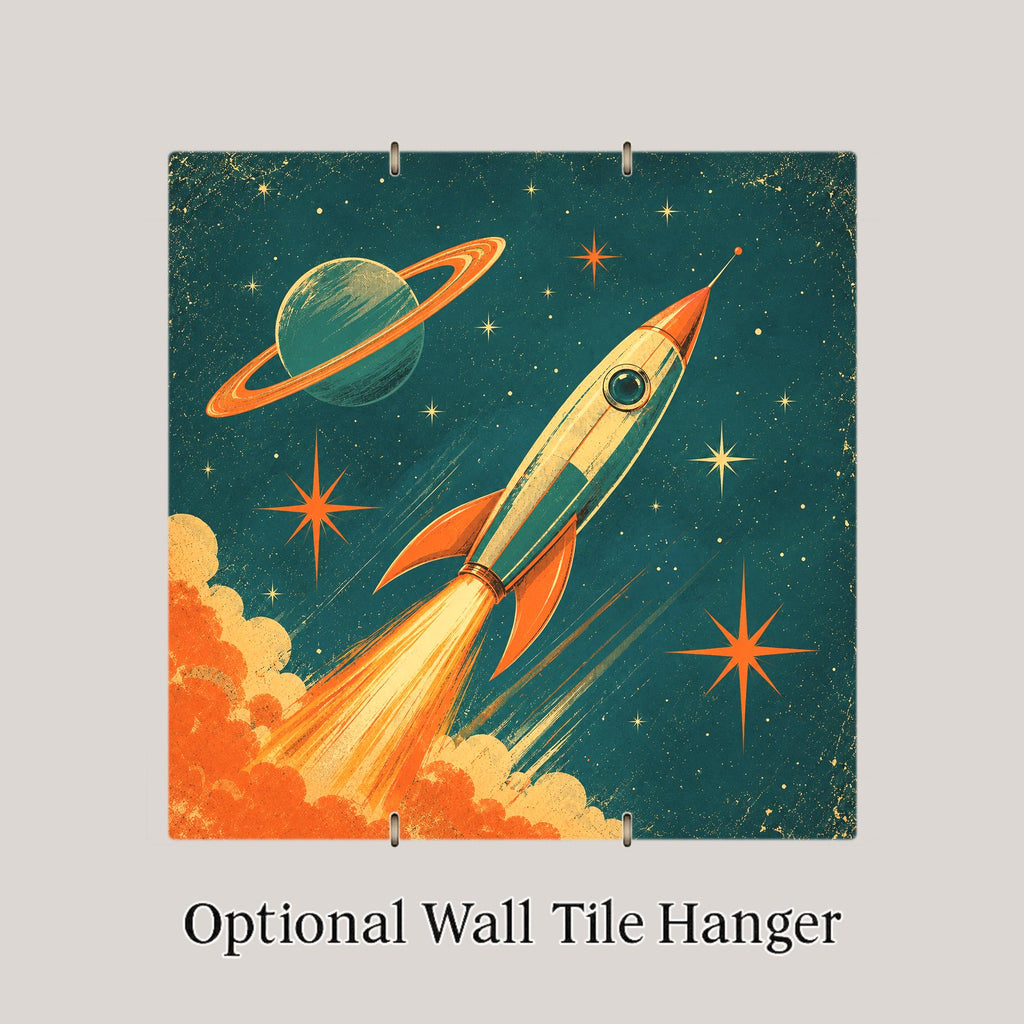 Retro Rocket Ceramic Tile Atomic Age Space Ship Blast Off Vintage Sci Fi Mid Century Modern Wall Art Starburst Decor
