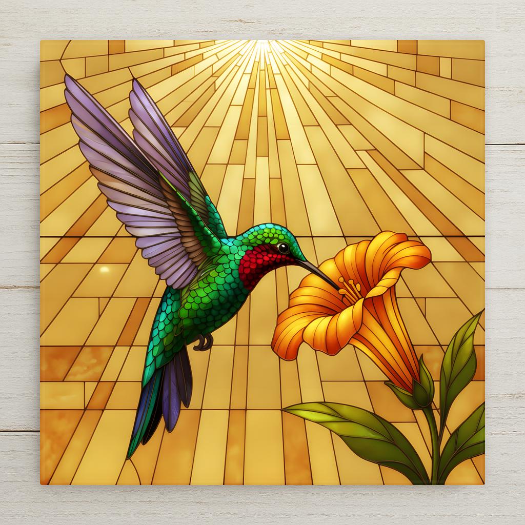 Stained glass style ceramic tile of a hummingbird with ruby throat and emerald body hovering at a large orange trumpet flower against golden sunburst glass panes