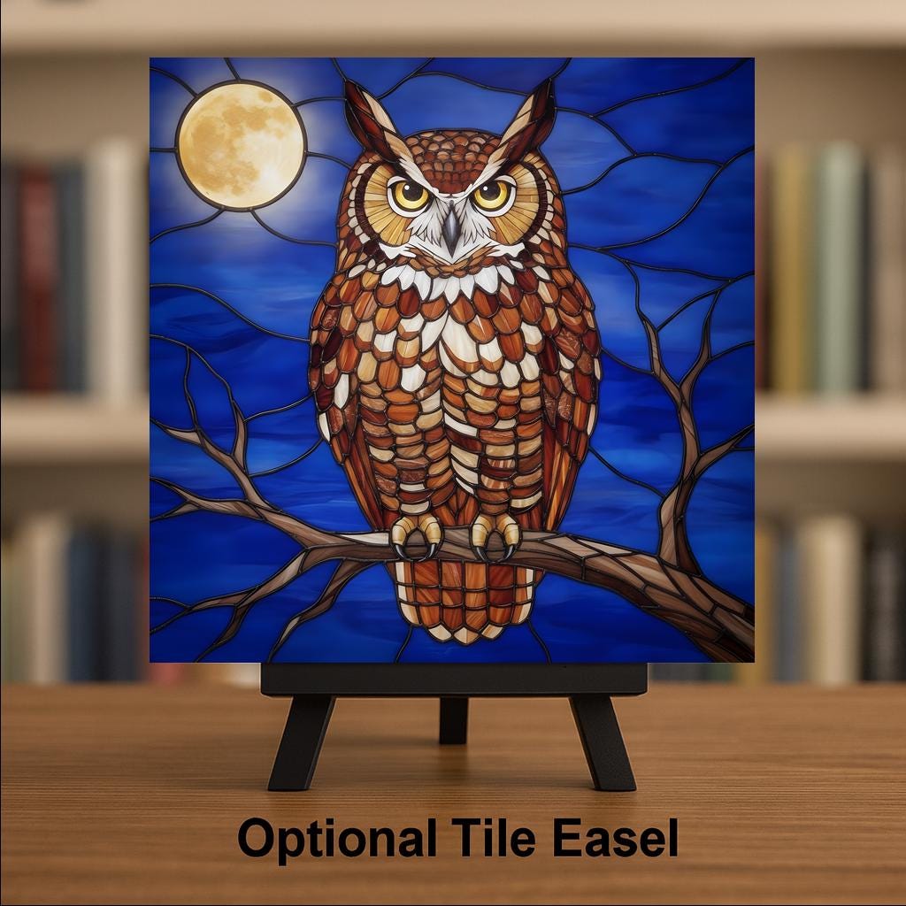 Great Horned Owl Ceramic Tile Wall Art Stained Glass Style Full Moon Night Branch Amber Woodland Bird Decor