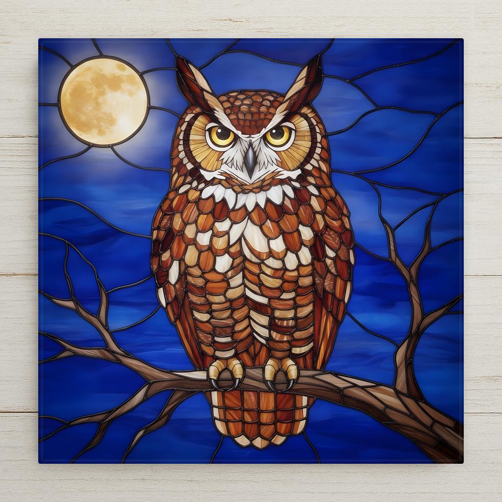Stained glass style ceramic tile of a great horned owl with golden eyes perched on a bare branch beneath a full moon in deep blue night sky glass