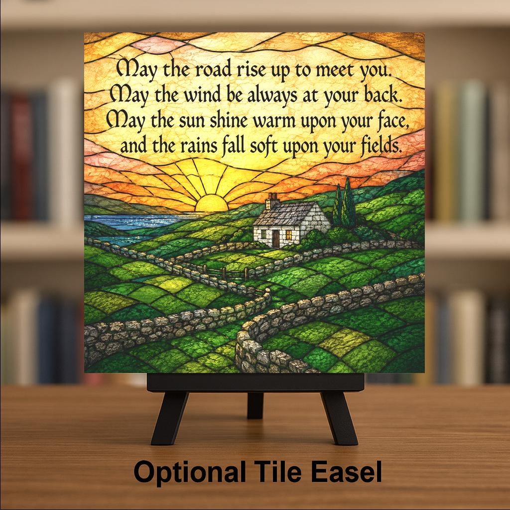 Irish Blessing Wall Art Ceramic Tile Stained Glass Style New Home Blessing Green Hills Ireland Cottage Landscape Decor