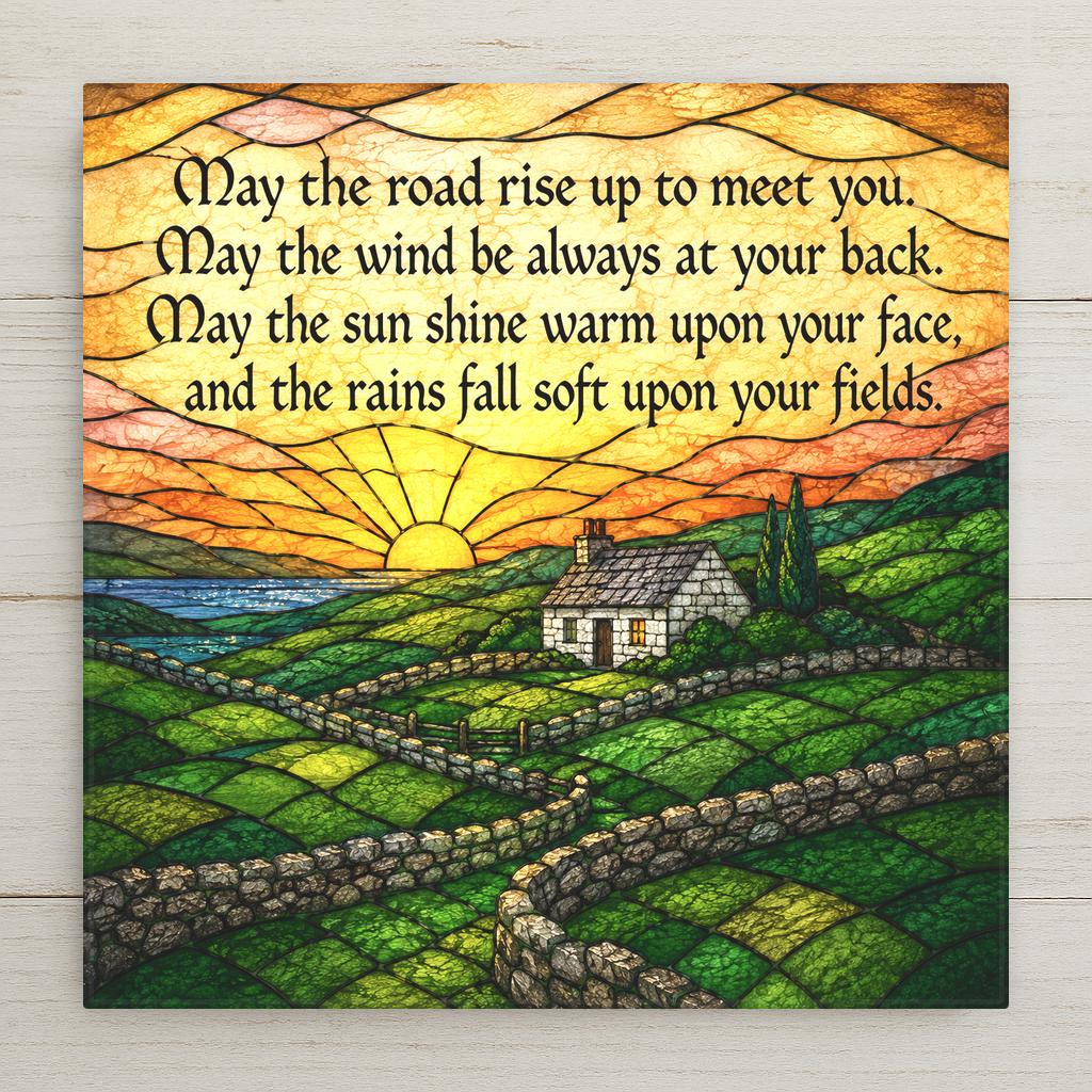 Stained glass style ceramic tile of an Irish landscape with rolling emerald green hills and a stone cottage under a sunrise sky, the traditional Irish blessing lettered in calligraphy across the upper sky band