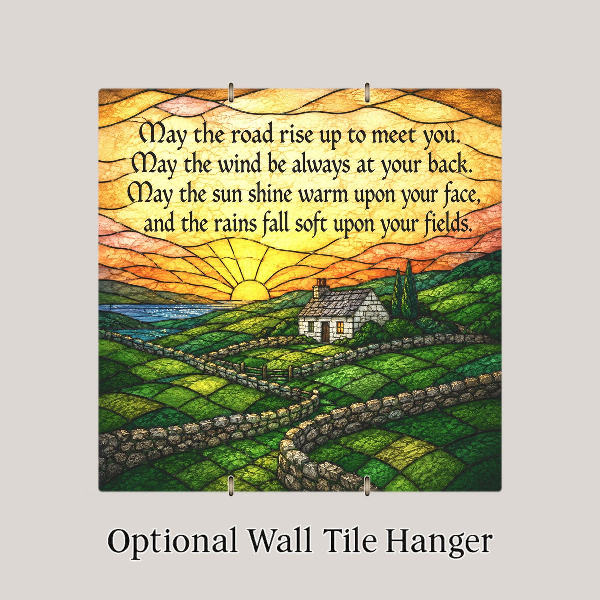 Irish Blessing Wall Art Ceramic Tile Stained Glass Style New Home Blessing Green Hills Ireland Cottage Landscape Decor