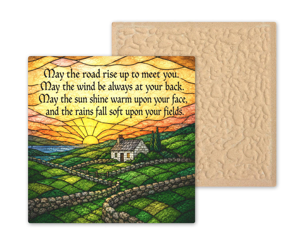 Irish Blessing Wall Art Ceramic Tile Stained Glass Style New Home Blessing Green Hills Ireland Cottage Landscape Decor