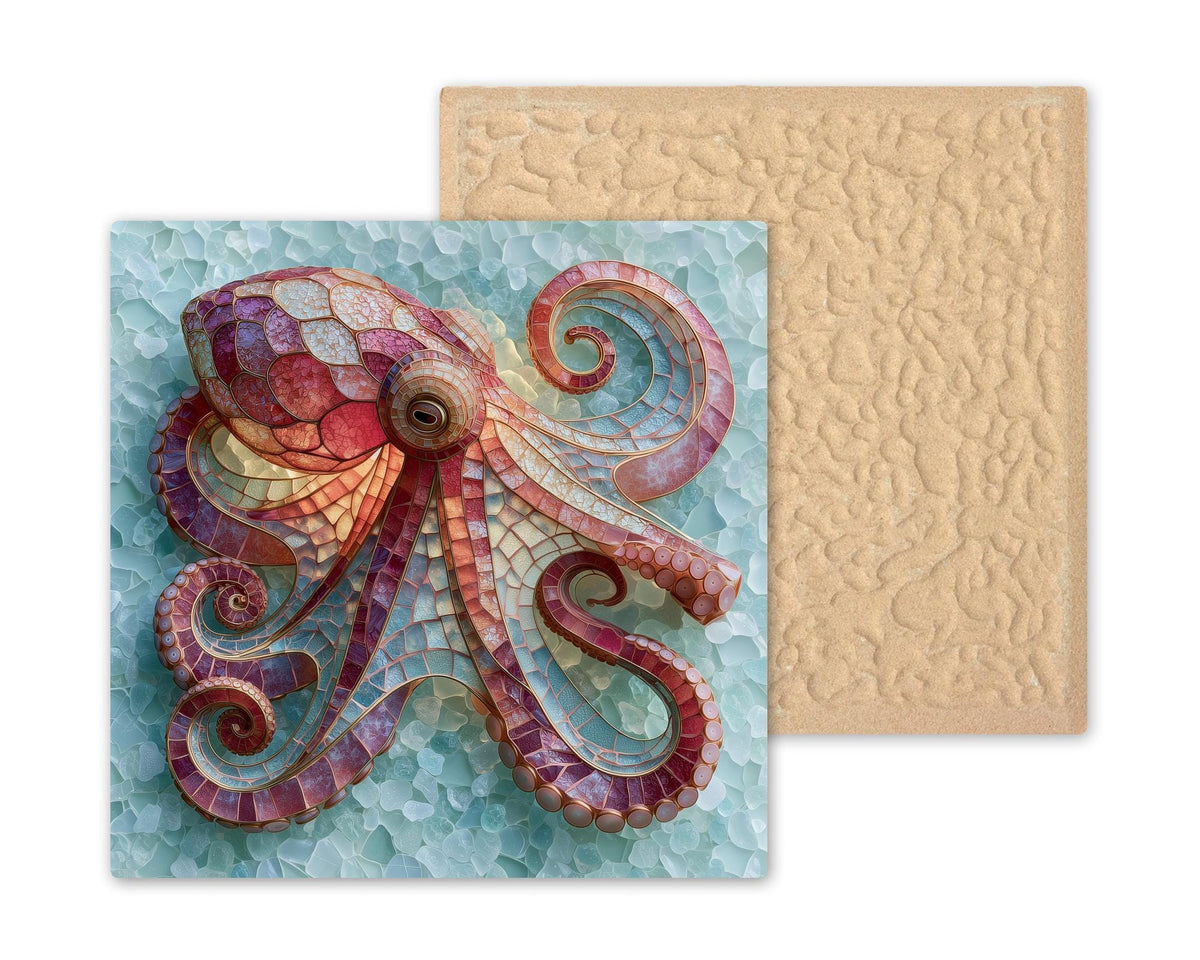 Octopus Ceramic Tile Wall Art Sea Glass Style Coral and Rose Tentacles on Seafoam Ocean Beach House Decor