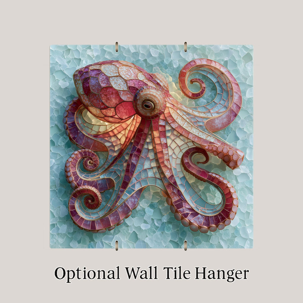 Octopus Ceramic Tile Wall Art Sea Glass Style Coral and Rose Tentacles on Seafoam Ocean Beach House Decor