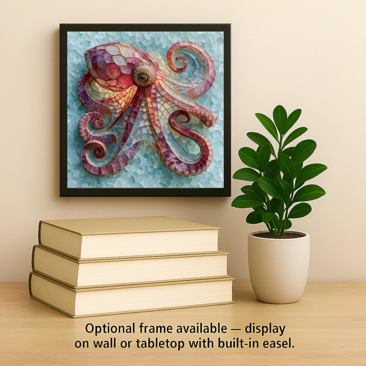 Octopus Ceramic Tile Wall Art Sea Glass Style Coral and Rose Tentacles on Seafoam Ocean Beach House Decor