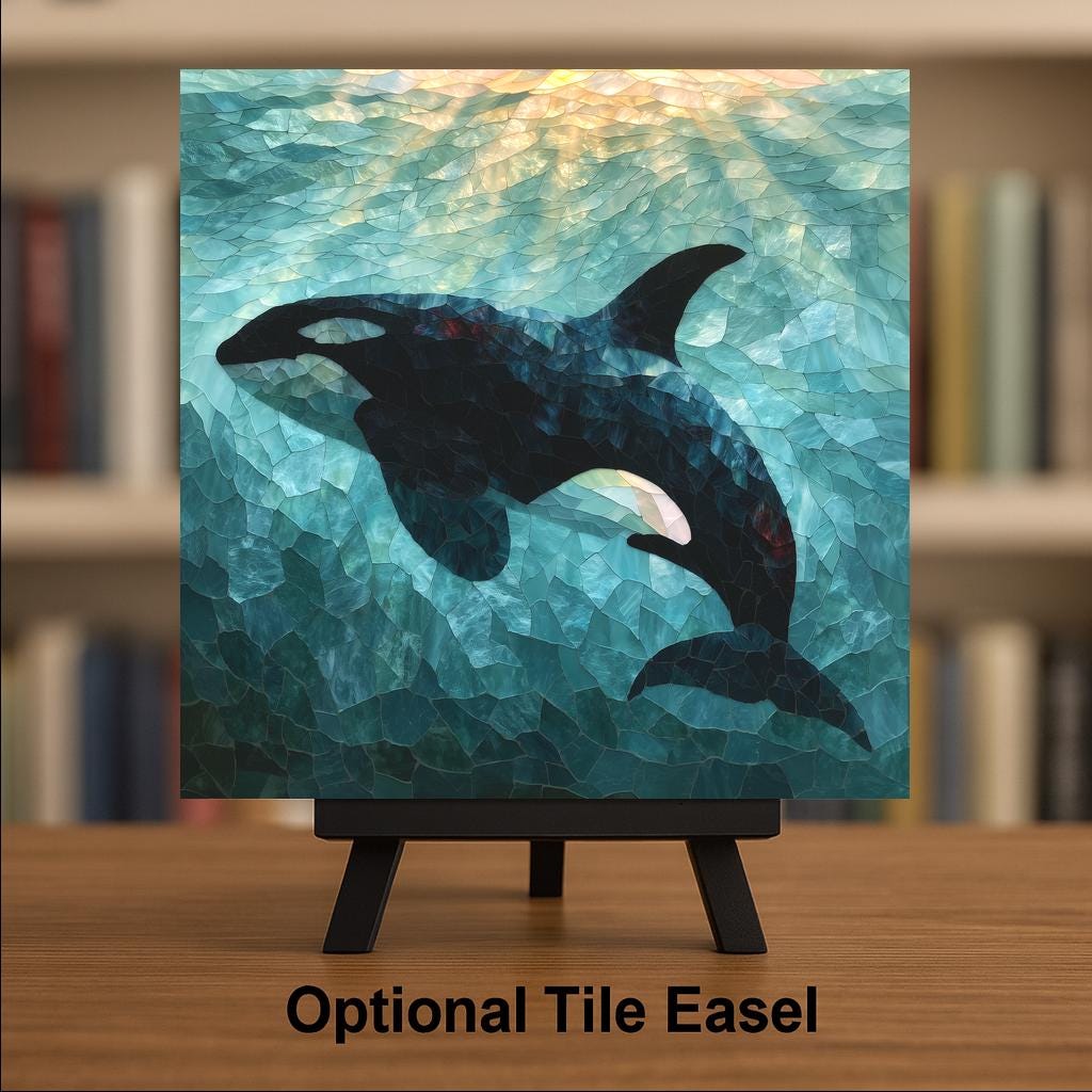 Orca Ceramic Tile Wall Art Sea Glass Style Killer Whale Gliding Through Aqua Water Pacific Northwest Coastal Decor