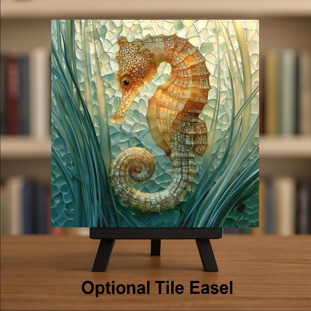 Seahorse Ceramic Tile Wall Art Sea Glass Style Golden Sea Horse and Seagrass Mint Coastal Bathroom Beach Decor
