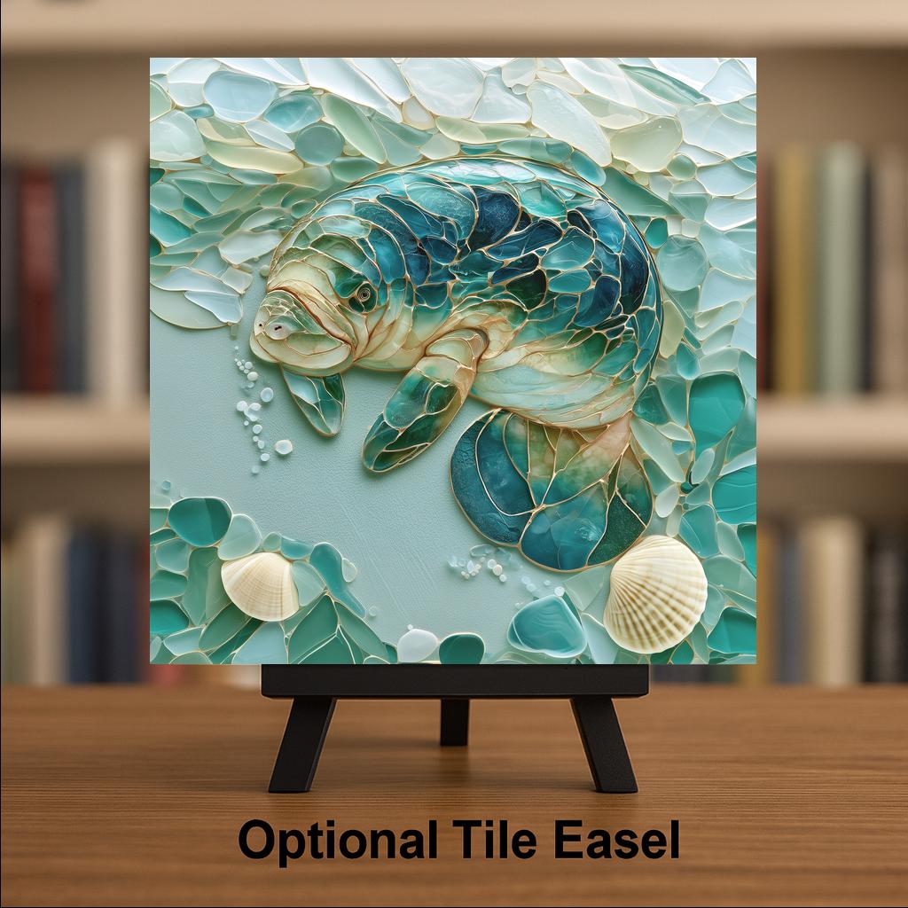 Manatee Wall Art Ceramic Tile Sea Glass Style Coastal Ocean Decor Turquoise Beach House Marine Animal Nature Art