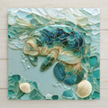 Sea glass style ceramic tile of a gentle manatee made of smooth turquoise, aqua, and seafoam glass pieces gliding with trailing bubbles, luminous coastal wall art for a beach house