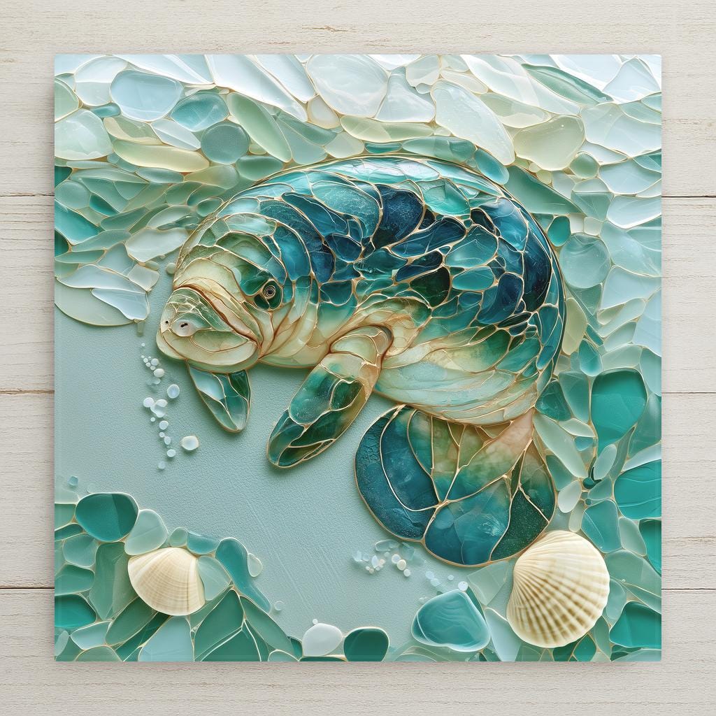 Sea glass style ceramic tile of a gentle manatee made of smooth turquoise, aqua, and seafoam glass pieces gliding with trailing bubbles, luminous coastal wall art for a beach house