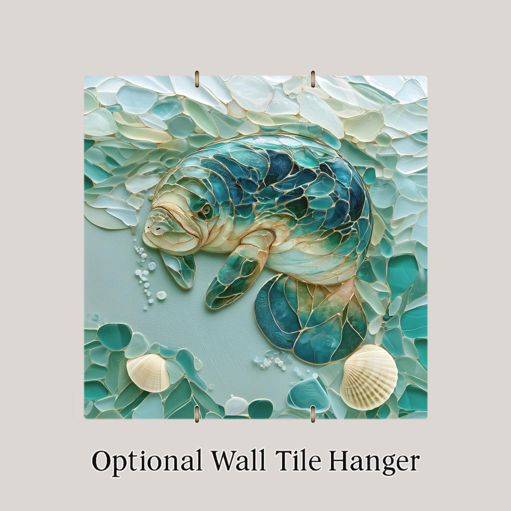 Manatee Wall Art Ceramic Tile Sea Glass Style Coastal Ocean Decor Turquoise Beach House Marine Animal Nature Art