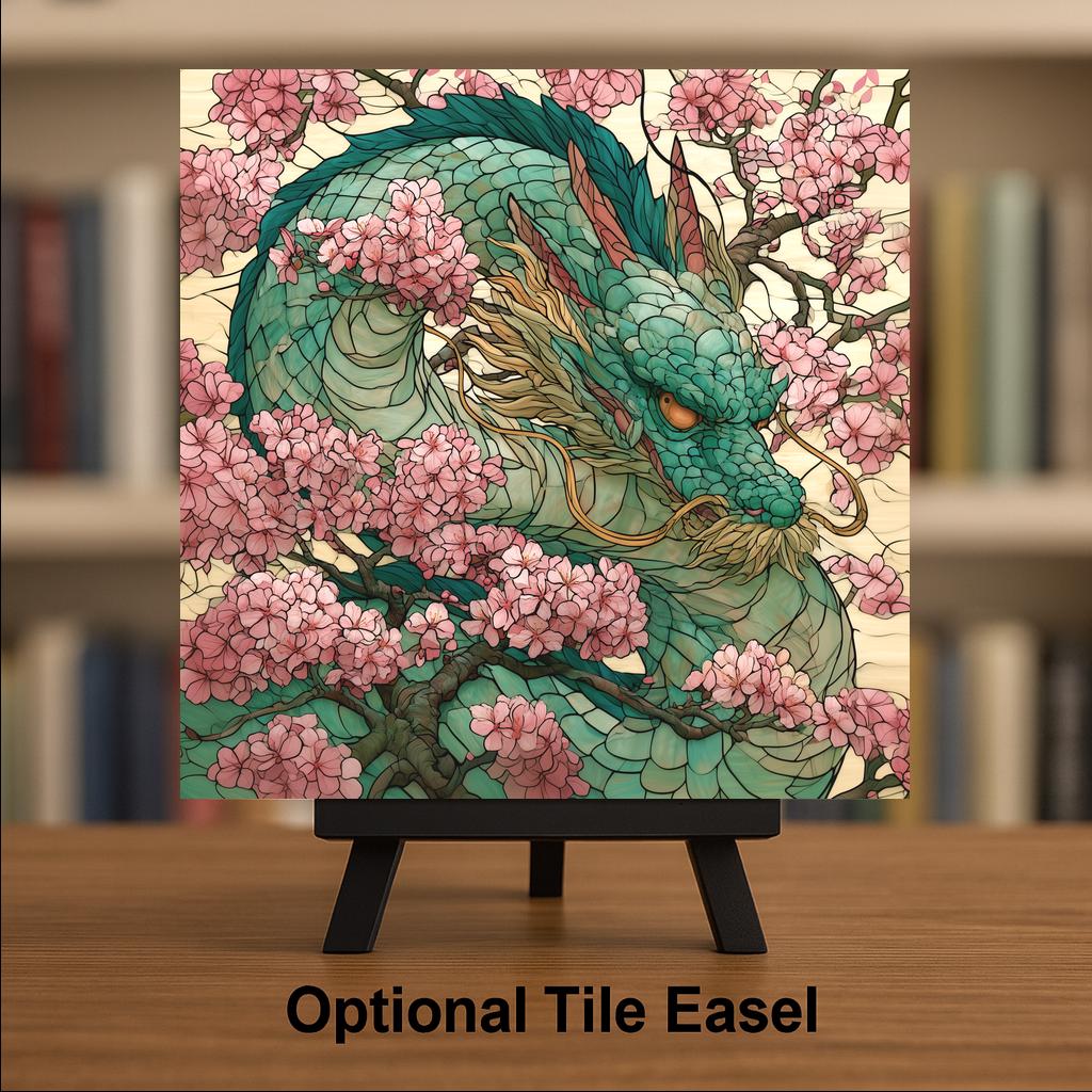 Dragon Cherry Blossom Ceramic Tile Wall Art Stained Glass Style Japanese Decor Jade Green Pink Asian Nature Art