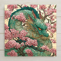 Stained glass style ceramic tile of a jade green Japanese dragon winding through pink cherry blossom branches with gold whiskers and amber eyes against a cream sky