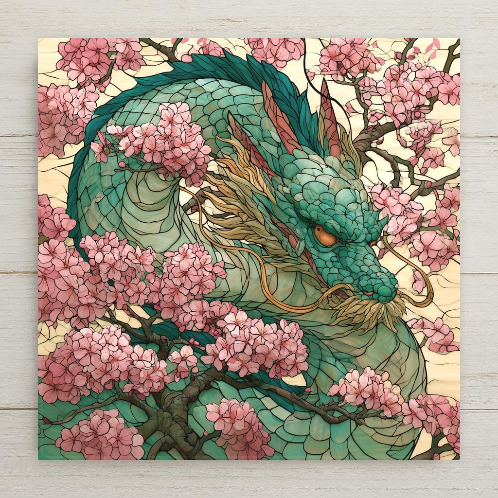 Stained glass style ceramic tile of a jade green Japanese dragon winding through pink cherry blossom branches with gold whiskers and amber eyes against a cream sky