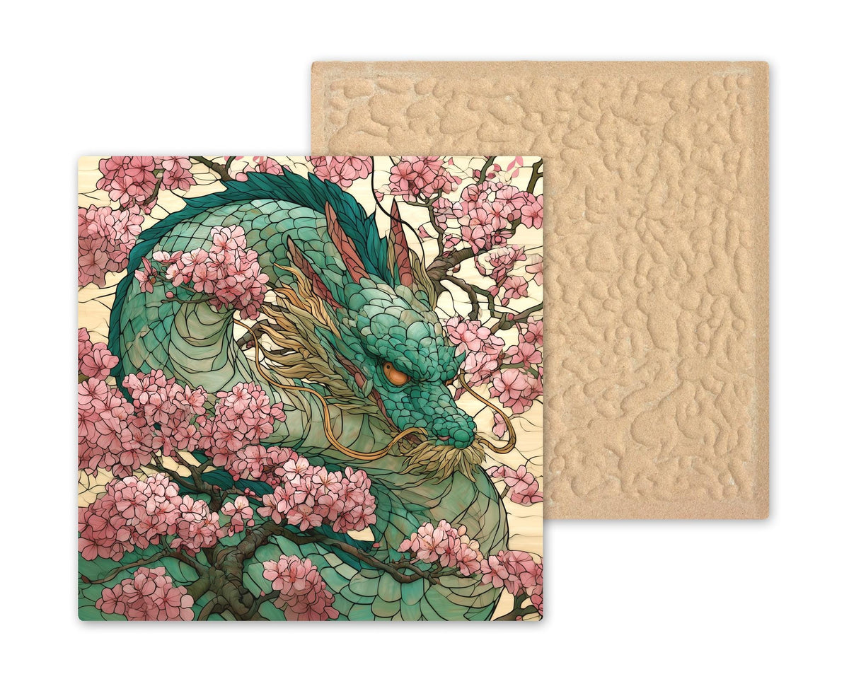 Dragon Cherry Blossom Ceramic Tile Wall Art Stained Glass Style Japanese Decor Jade Green Pink Asian Nature Art