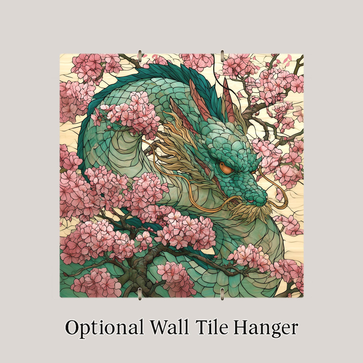 Dragon Cherry Blossom Ceramic Tile Wall Art Stained Glass Style Japanese Decor Jade Green Pink Asian Nature Art