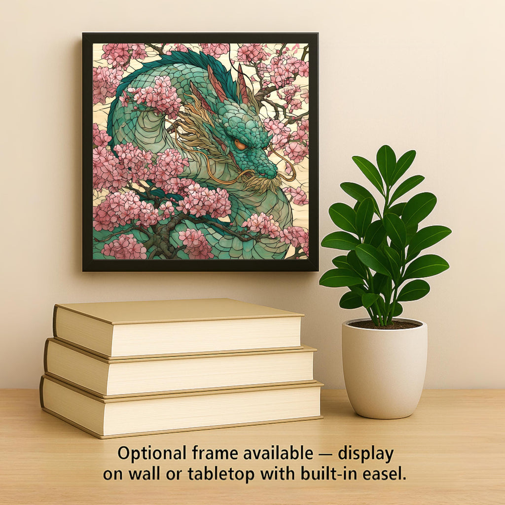 Dragon Cherry Blossom Ceramic Tile Wall Art Stained Glass Style Japanese Decor Jade Green Pink Asian Nature Art