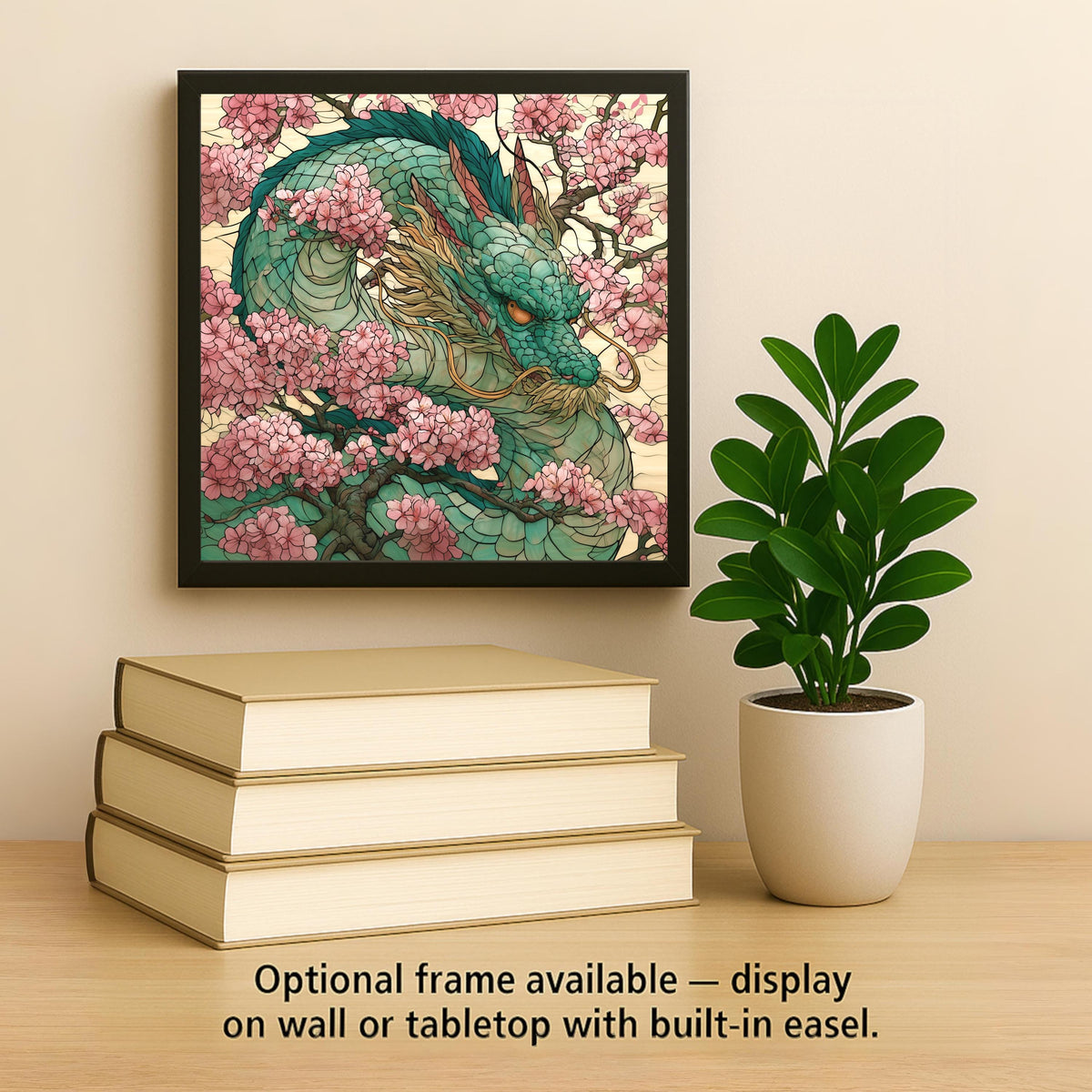Dragon Cherry Blossom Ceramic Tile Wall Art Stained Glass Style Japanese Decor Jade Green Pink Asian Nature Art