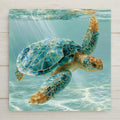 Sea glass style ceramic tile of a sea turtle gliding through pale aqua water with a shell of smooth turquoise, teal, and amber glass pieces under rays of light