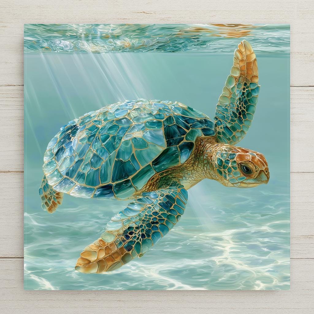 Sea glass style ceramic tile of a sea turtle gliding through pale aqua water with a shell of smooth turquoise, teal, and amber glass pieces under rays of light