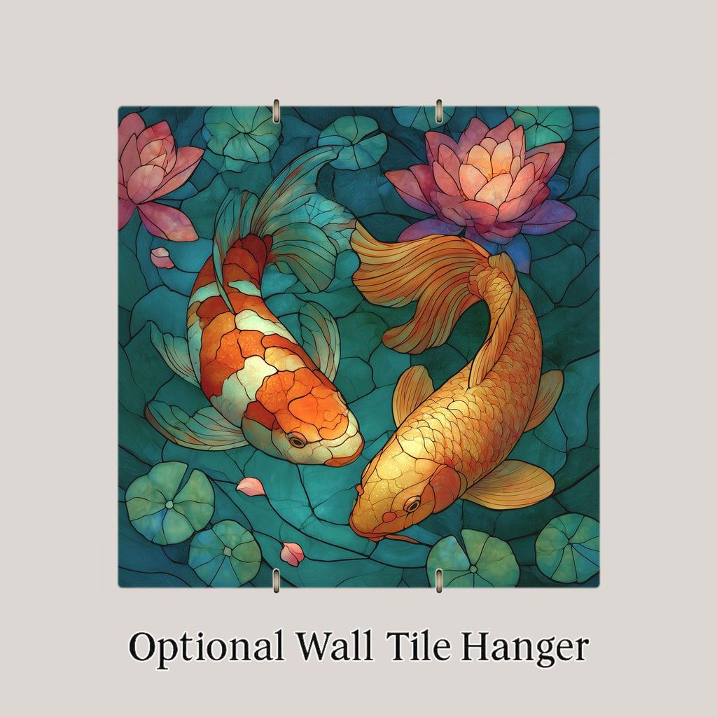Koi Fish Lotus Ceramic Tile Wall Art Stained Glass Style Japanese Pond Decor Zen Meditation Asian Garden Nature Art