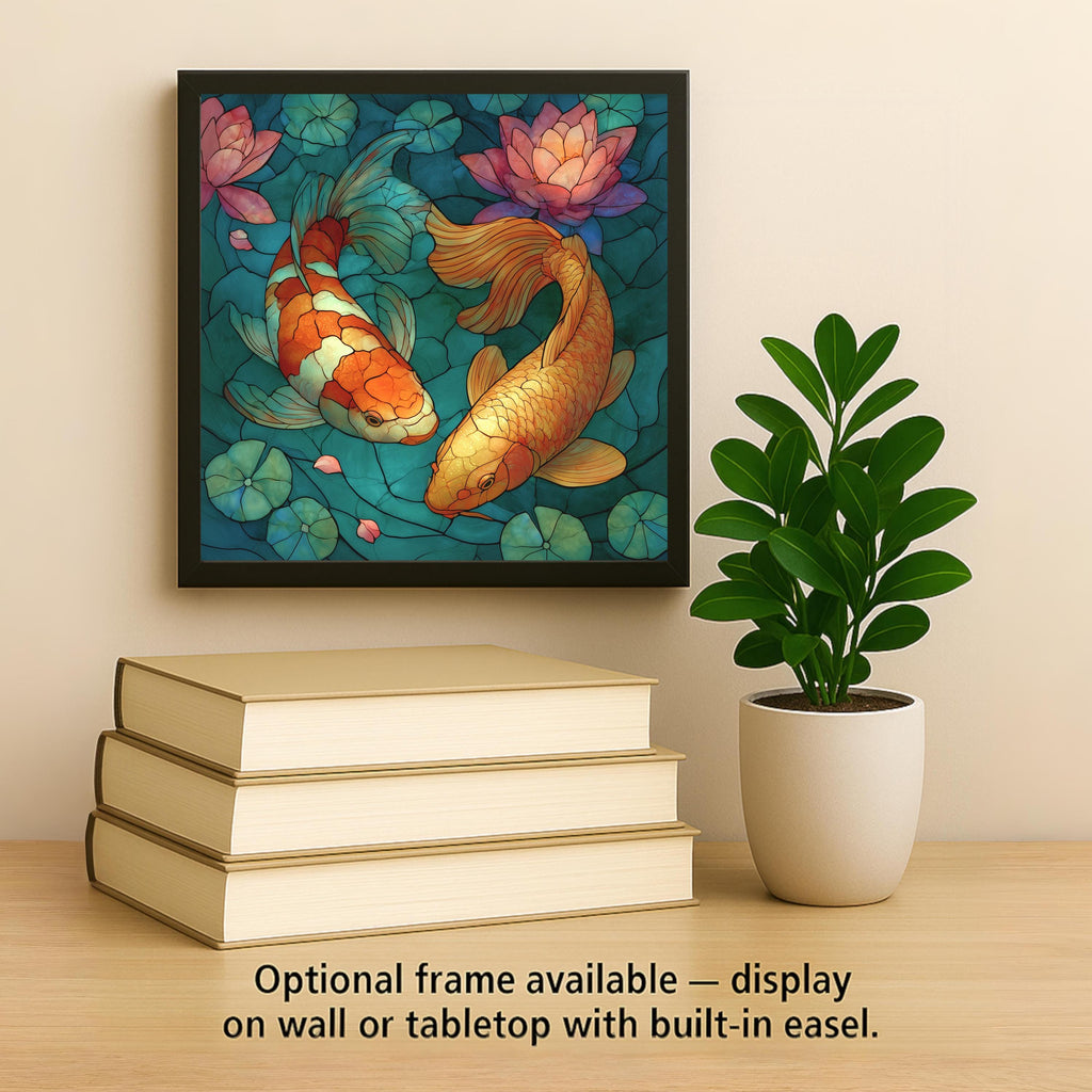 Koi Fish Lotus Ceramic Tile Wall Art Stained Glass Style Japanese Pond Decor Zen Meditation Asian Garden Nature Art