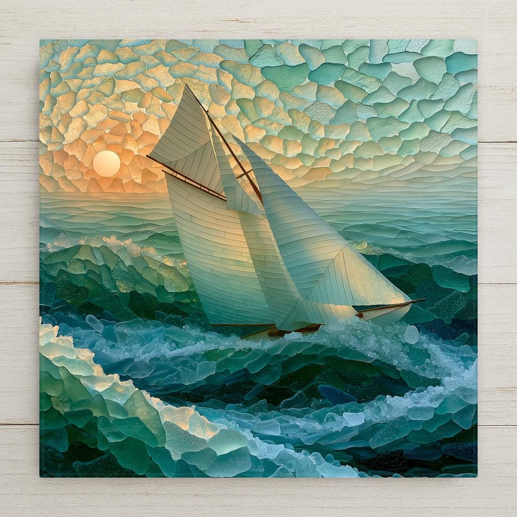 Sea glass style ceramic tile of a sailboat with full white sails heeling on blue green waves beneath a soft sunset sun in frosted glass