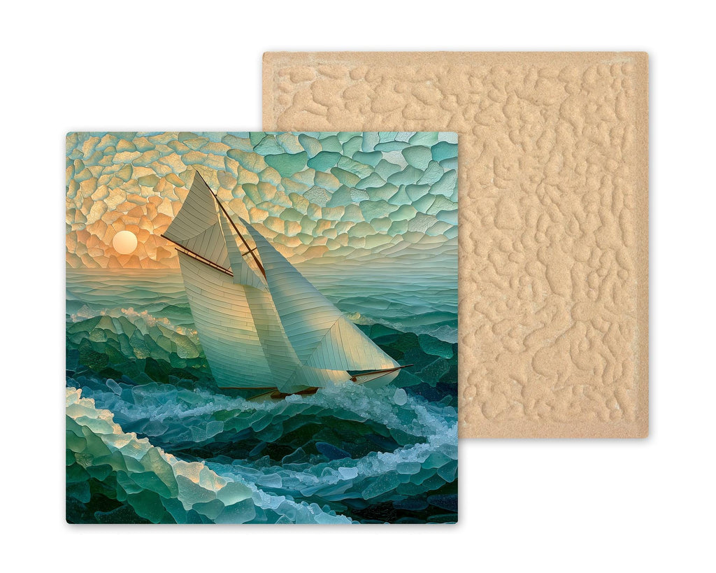 Sailboat Ceramic Tile Wall Art Sea Glass Style White Sails on Blue Green Waves Nautical Beach House Decor