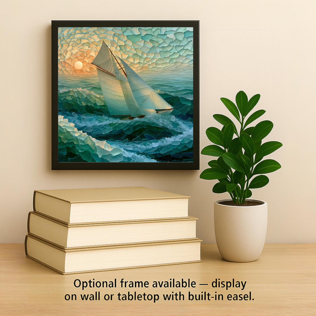 Sailboat Ceramic Tile Wall Art Sea Glass Style White Sails on Blue Green Waves Nautical Beach House Decor