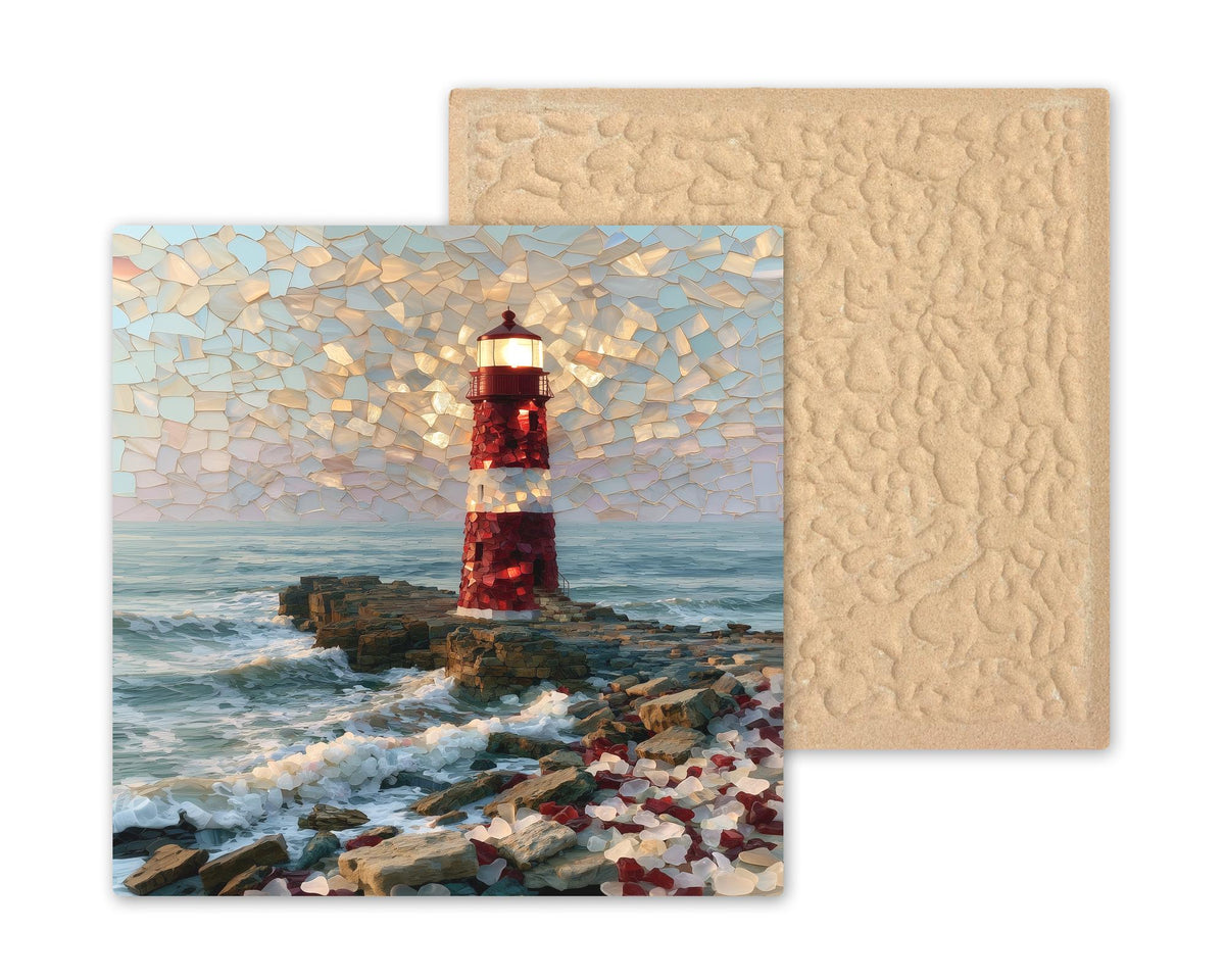 Lighthouse Ceramic Tile Wall Art Sea Glass Style Red and White Beacon on Rocky Point Nautical Coastal Decor