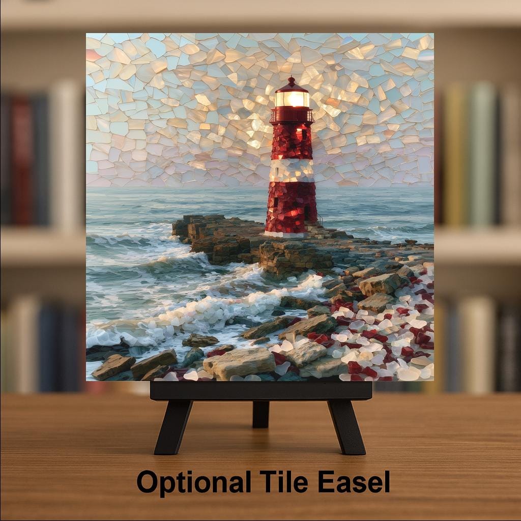 Lighthouse Ceramic Tile Wall Art Sea Glass Style Red and White Beacon on Rocky Point Nautical Coastal Decor
