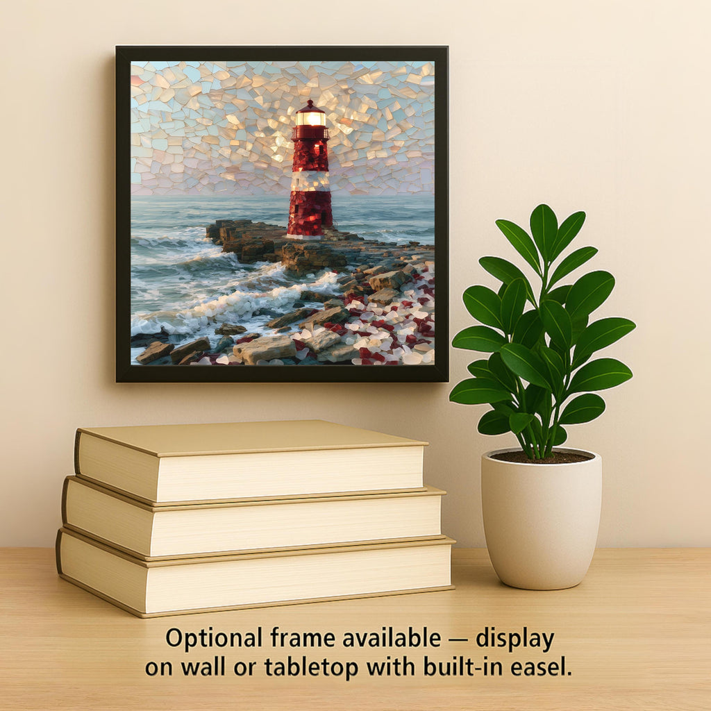 Lighthouse Ceramic Tile Wall Art Sea Glass Style Red and White Beacon on Rocky Point Nautical Coastal Decor