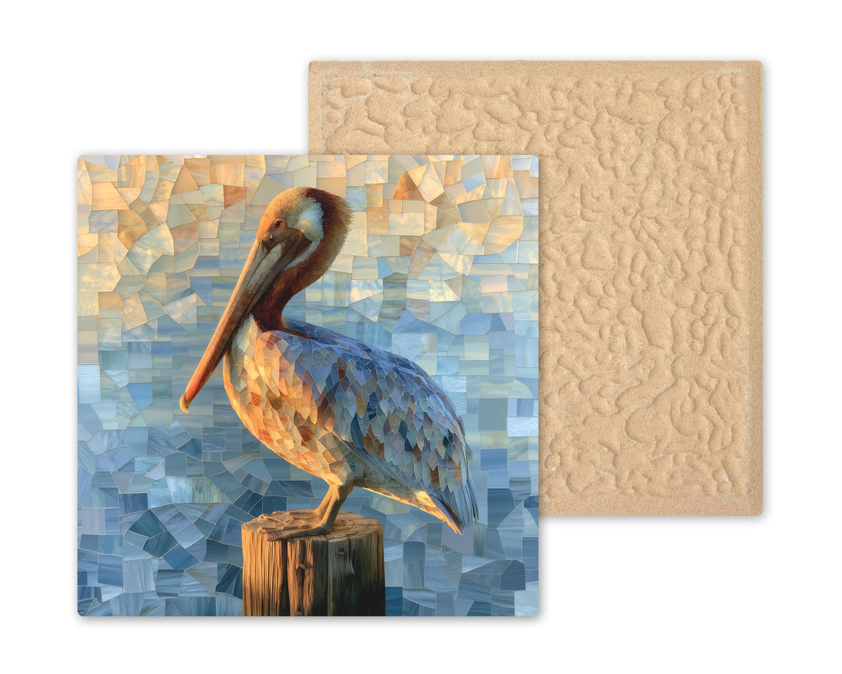 Pelican Ceramic Tile Wall Art Sea Glass Style Brown Pelican on Wooden Piling Coastal Shore Beach House Decor