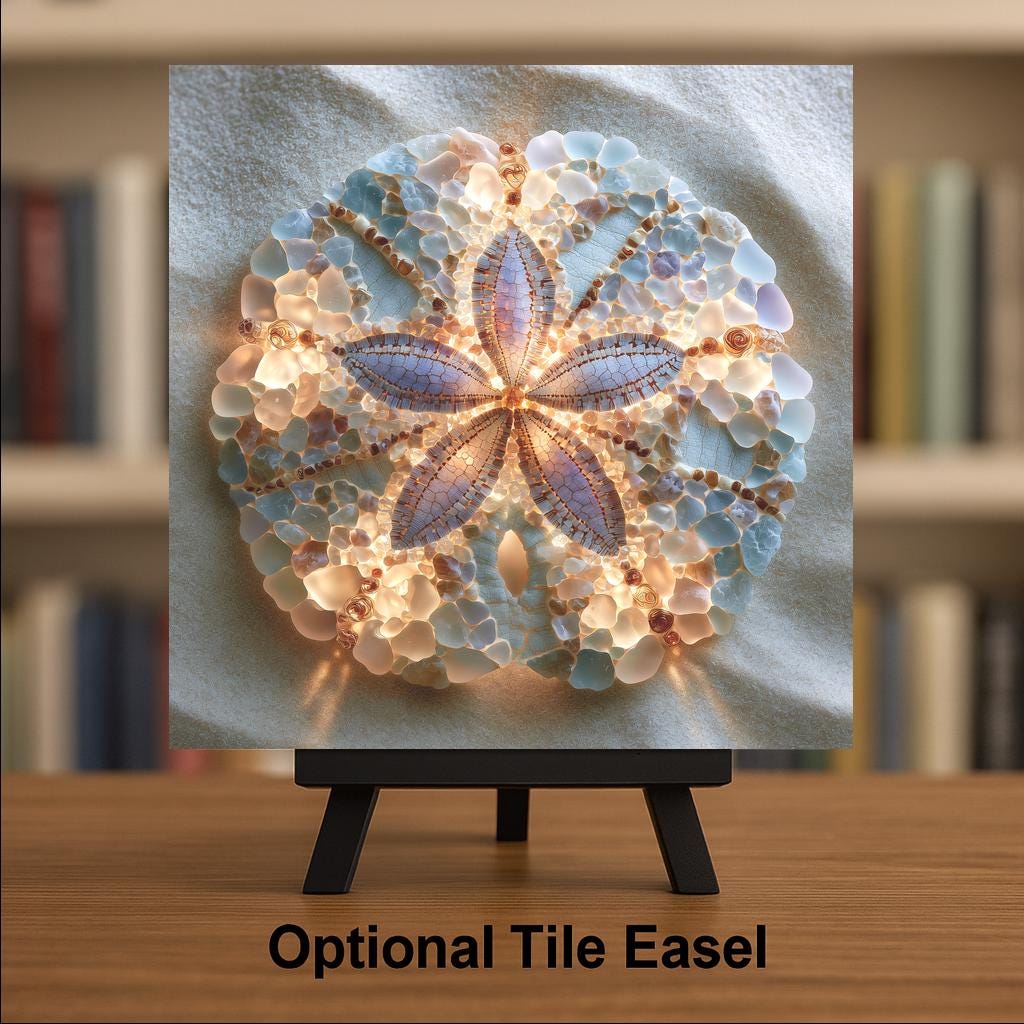 Sand Dollar Ceramic Tile Wall Art Sea Glass Style Ivory Shell Star Pattern on Sand Coastal Bathroom Beach Decor
