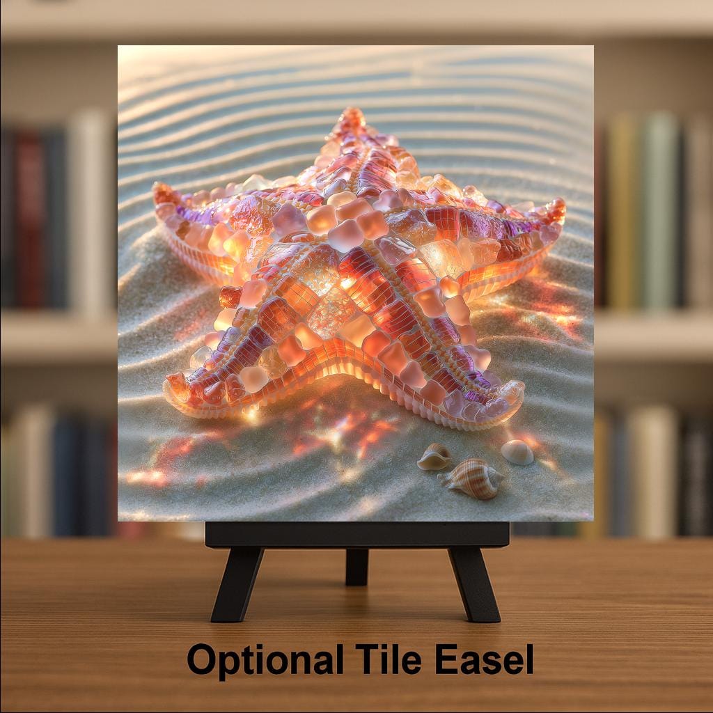 Starfish Ceramic Tile Wall Art Sea Glass Style Coral Sea Star on Rippled Sand With Shells Coastal Beach Decor