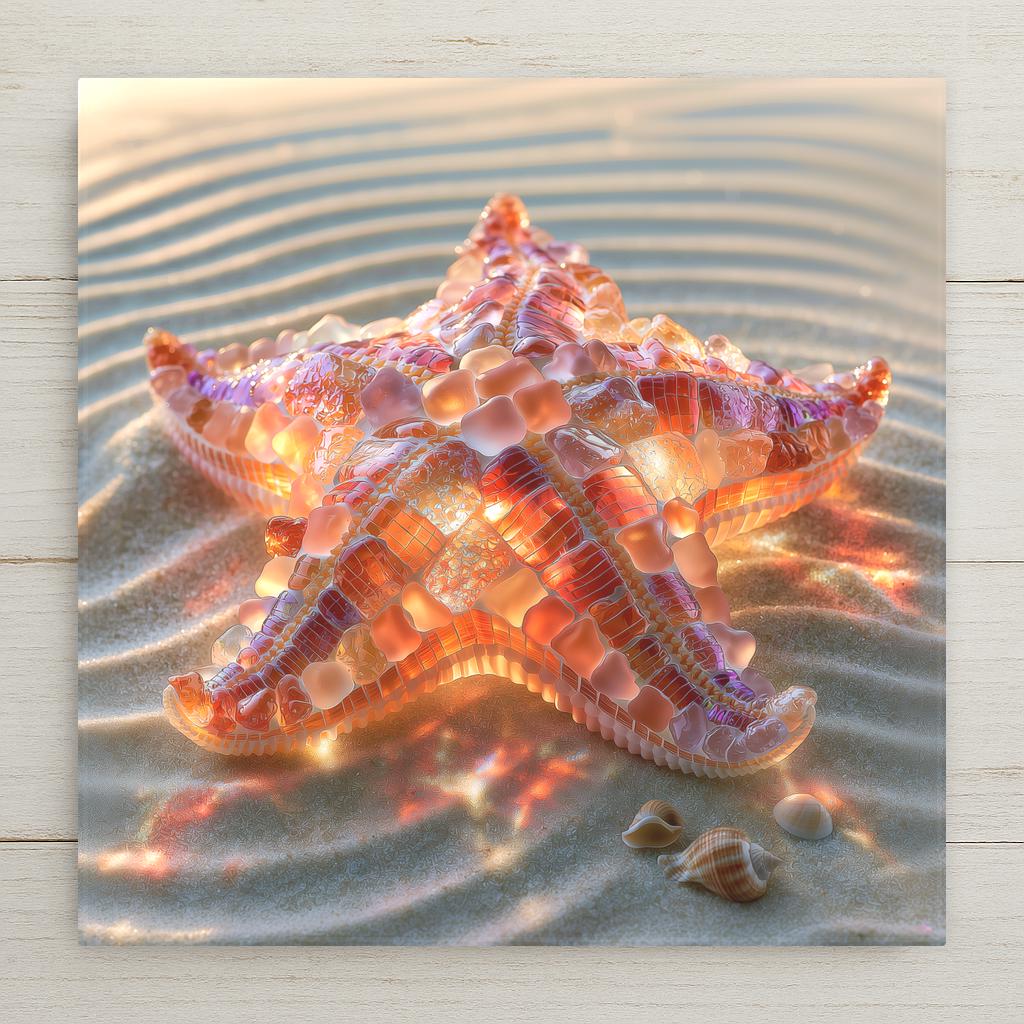 Sea glass style ceramic tile of a large coral sea star on rippled sand with small shells nearby in warm coral and sand frosted glass