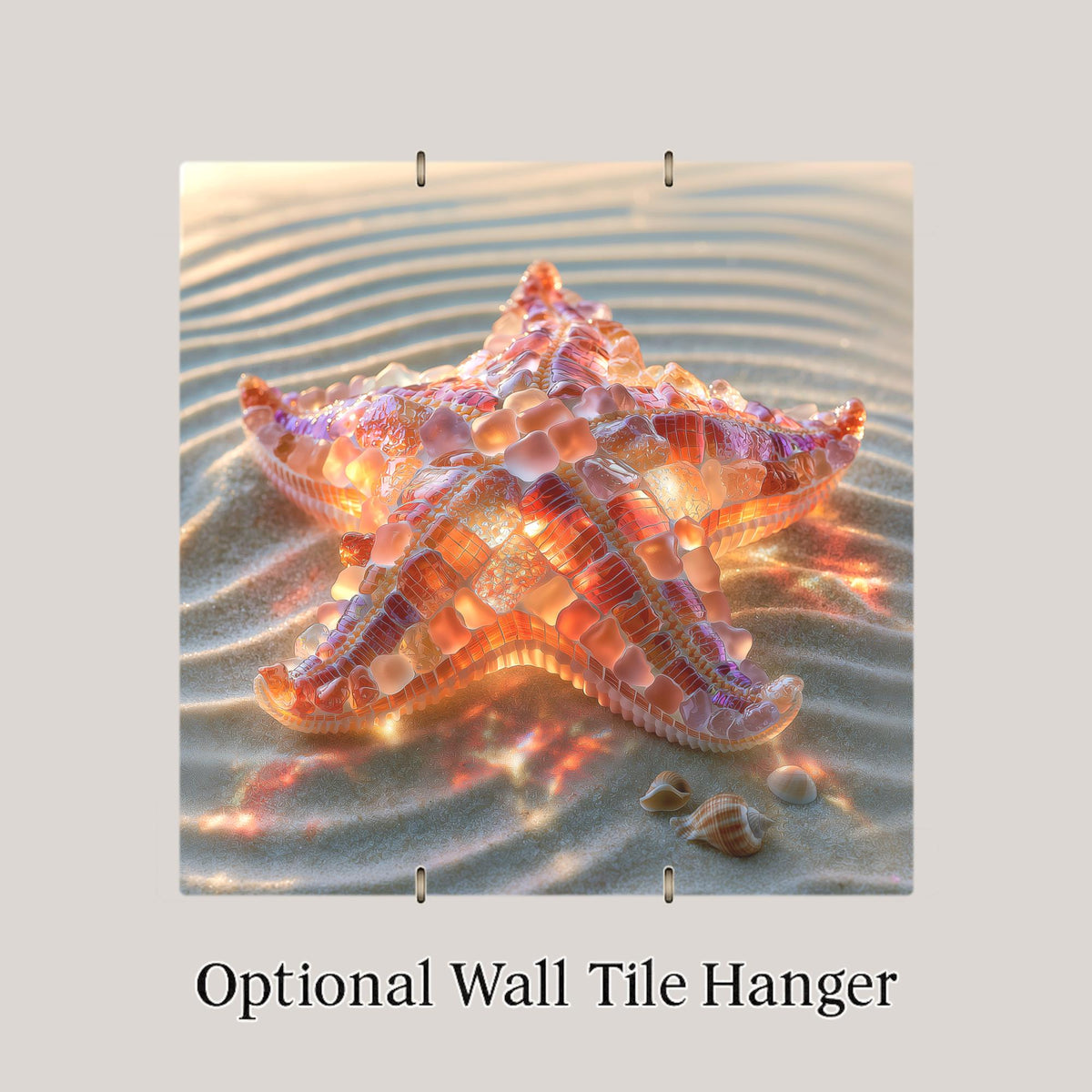 Starfish Ceramic Tile Wall Art Sea Glass Style Coral Sea Star on Rippled Sand With Shells Coastal Beach Decor