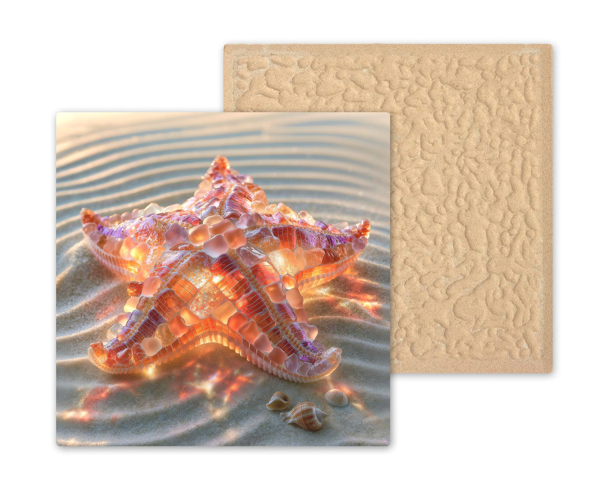 Starfish Ceramic Tile Wall Art Sea Glass Style Coral Sea Star on Rippled Sand With Shells Coastal Beach Decor