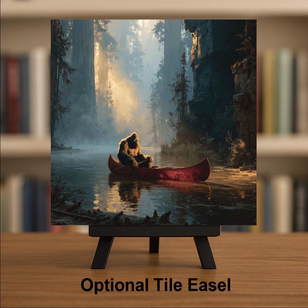 Bigfoot Canoe Ceramic Tile Wall Art Sasquatch Paddling the Misty Redwoods Golden Light Painterly Cabin Whimsy Decor
