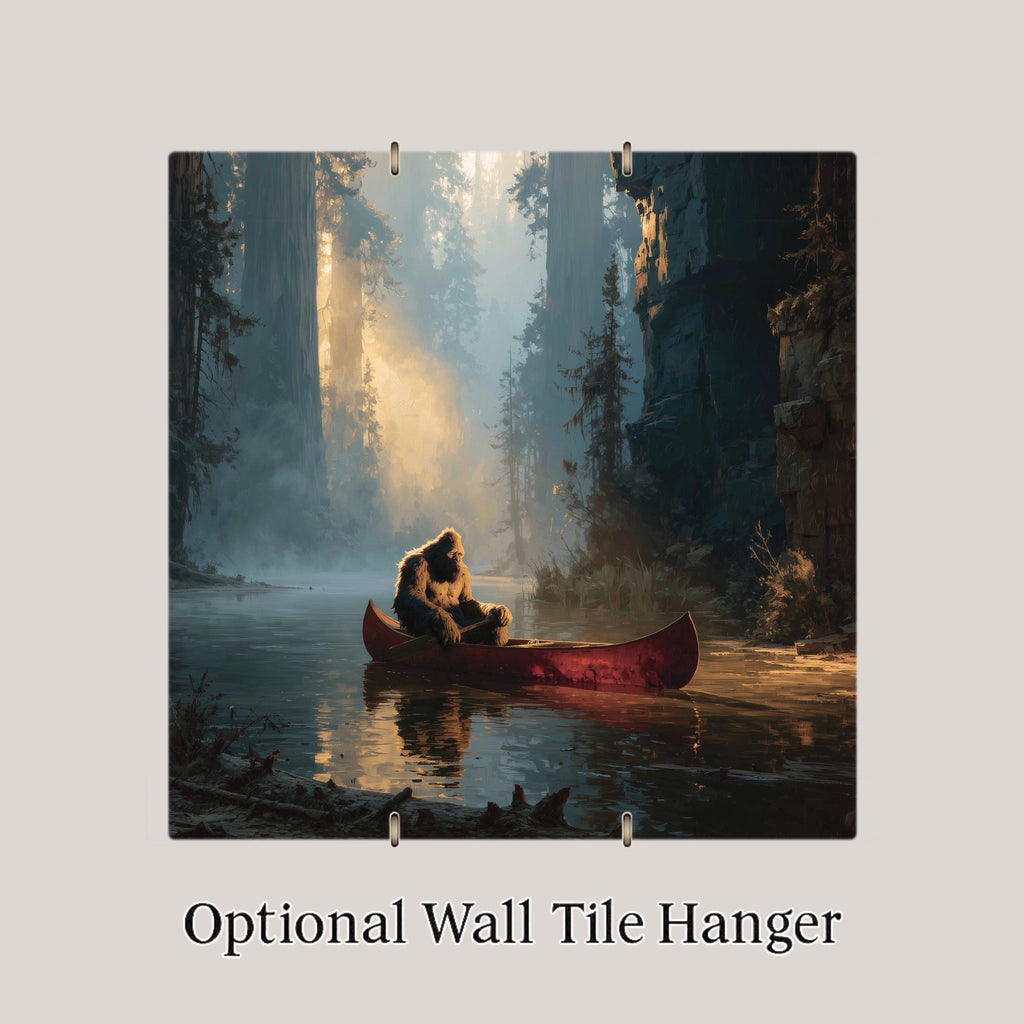 Bigfoot Canoe Ceramic Tile Wall Art Sasquatch Paddling the Misty Redwoods Golden Light Painterly Cabin Whimsy Decor