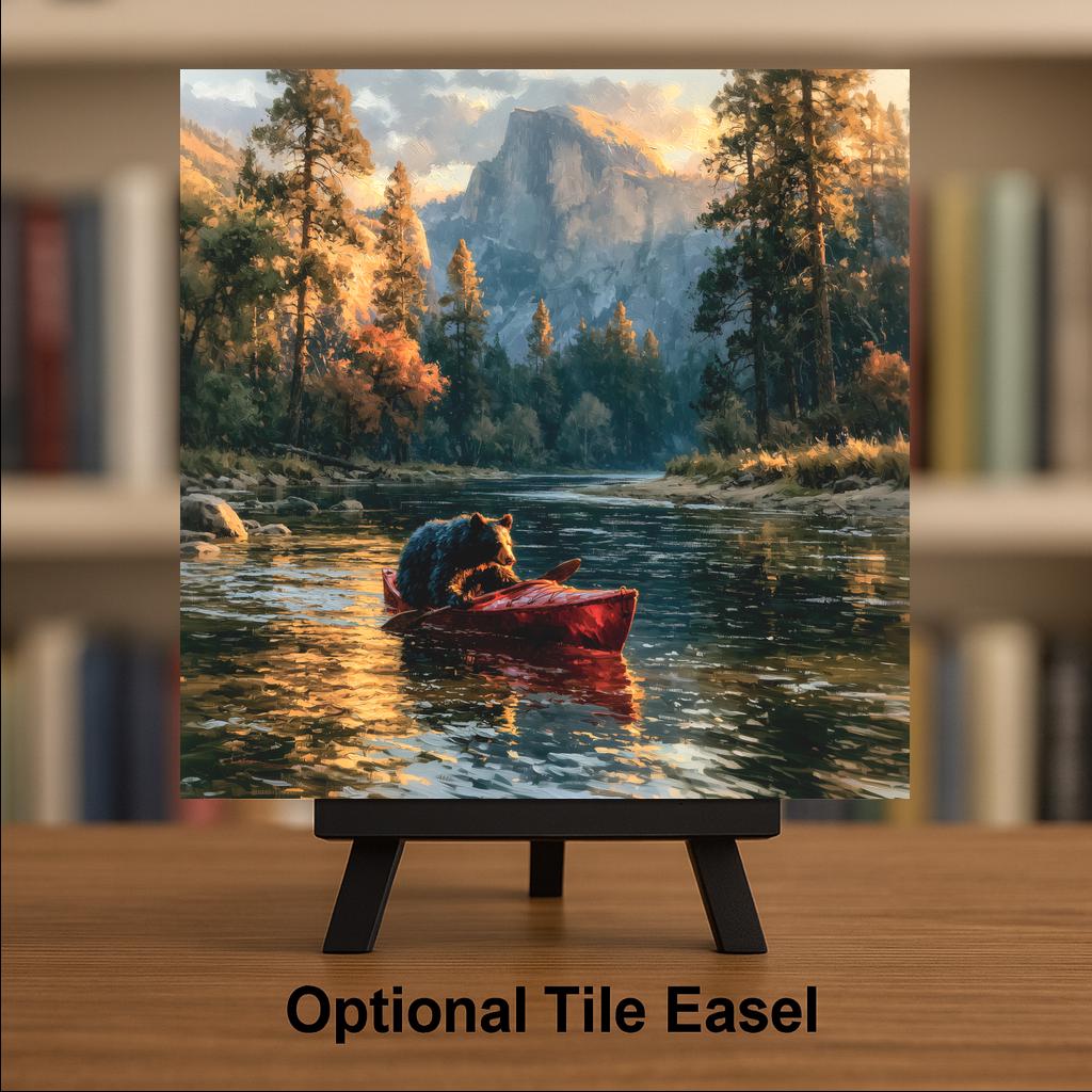 Black Bear Kayaking Ceramic Tile Wall Art Yosemite Half Dome National Park Painterly Cabin Lodge Decor