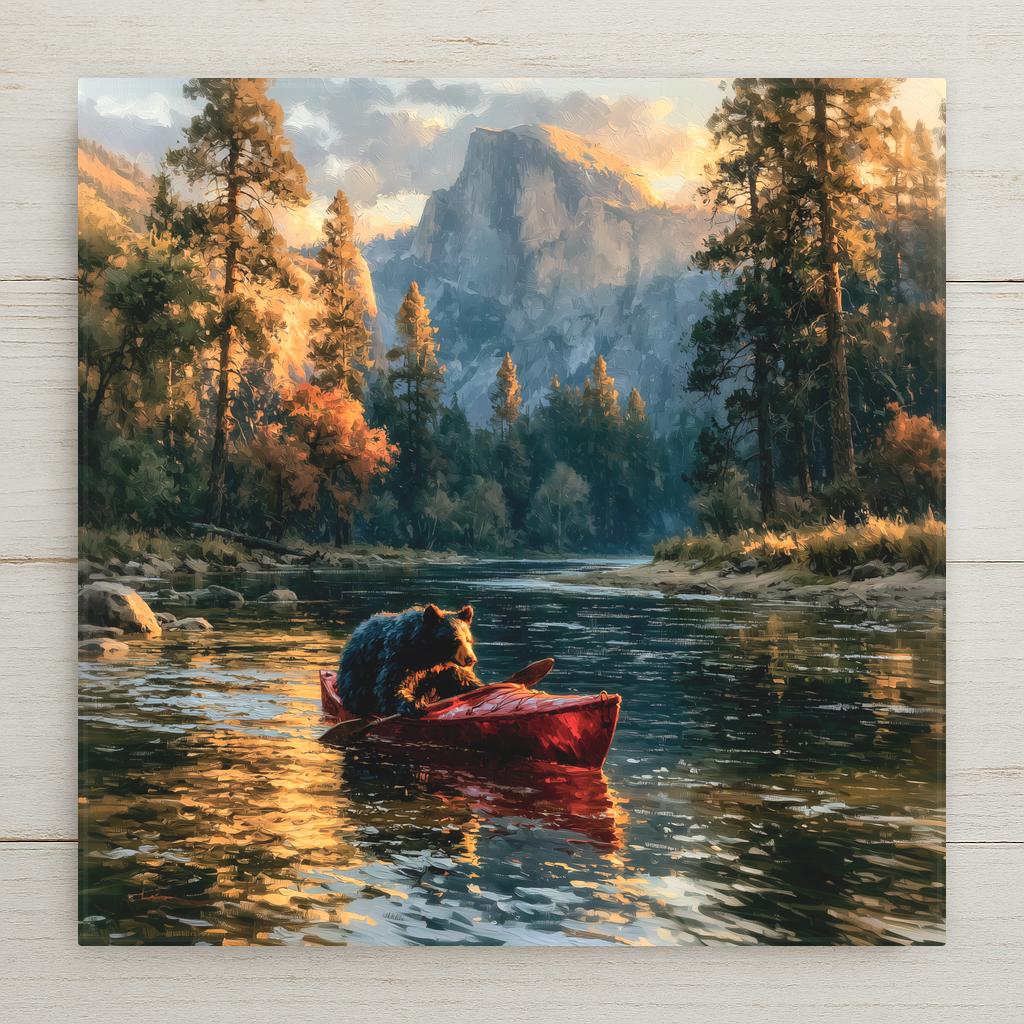 Painterly ceramic tile of a black bear paddling a red kayak on a calm river with Half Dome glowing in golden evening light behind tall pines